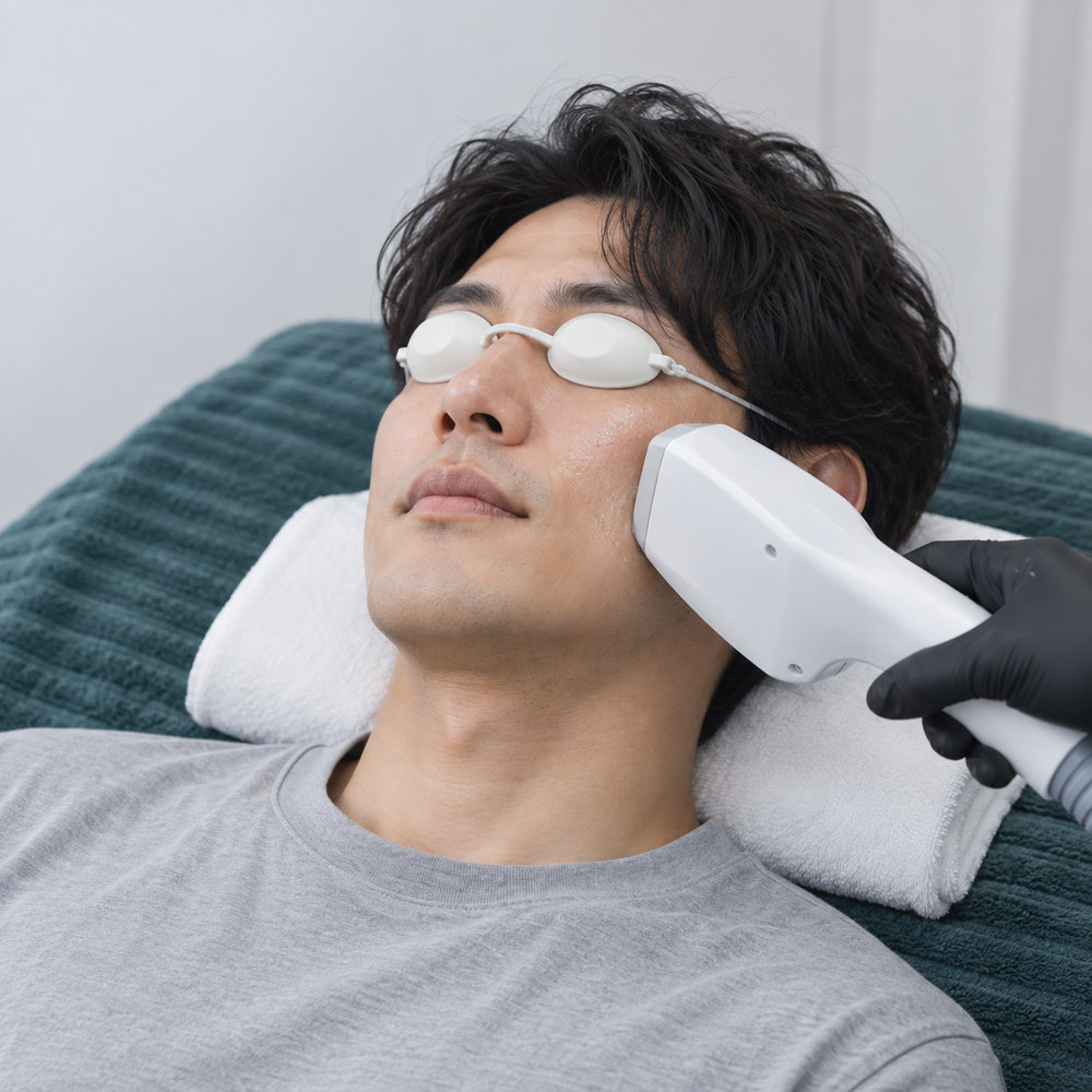 保護メガネをつけて、頬に光の機械をあてるイメージ