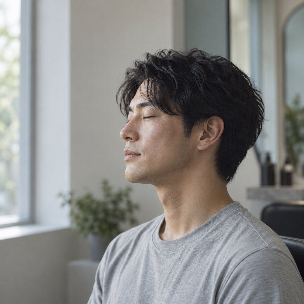 目を閉じて窓の光に顔を向ける男性のイメージ