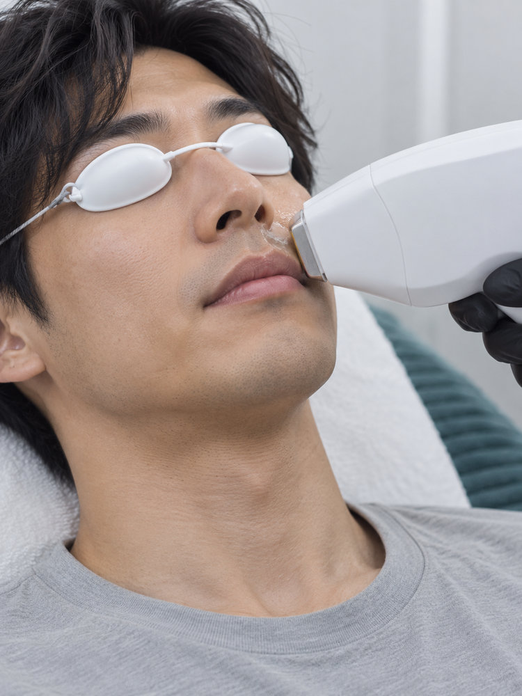 保護メガネをつけて、鼻の下に光の機械をあてるイメージ